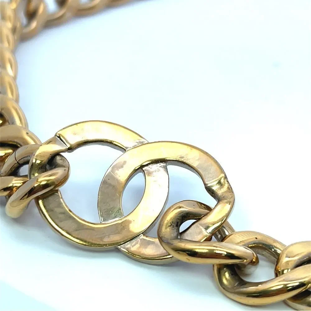 Chanel REV Gold Golden Cuban Link Chain Crystal CC Logo Choker Pendant Necklace